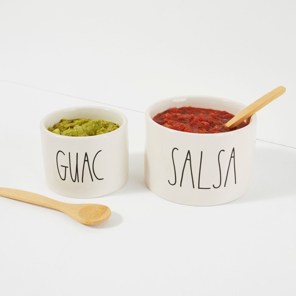 Rae Dunn Guac/Salsa Bowls (With 2 Wooden Spoons)